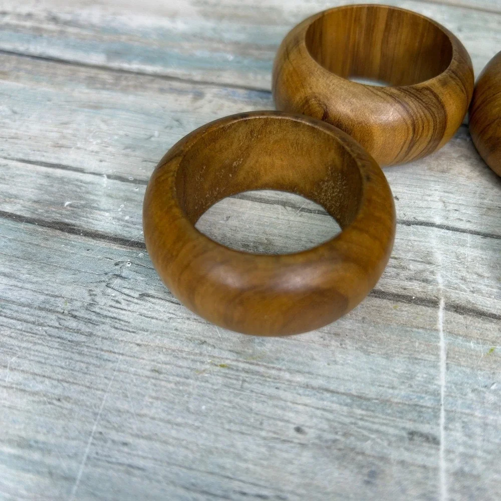 Vintage Bohemian Wooden Round Napkin Rings Natural Brown Table Setting Boho MCM